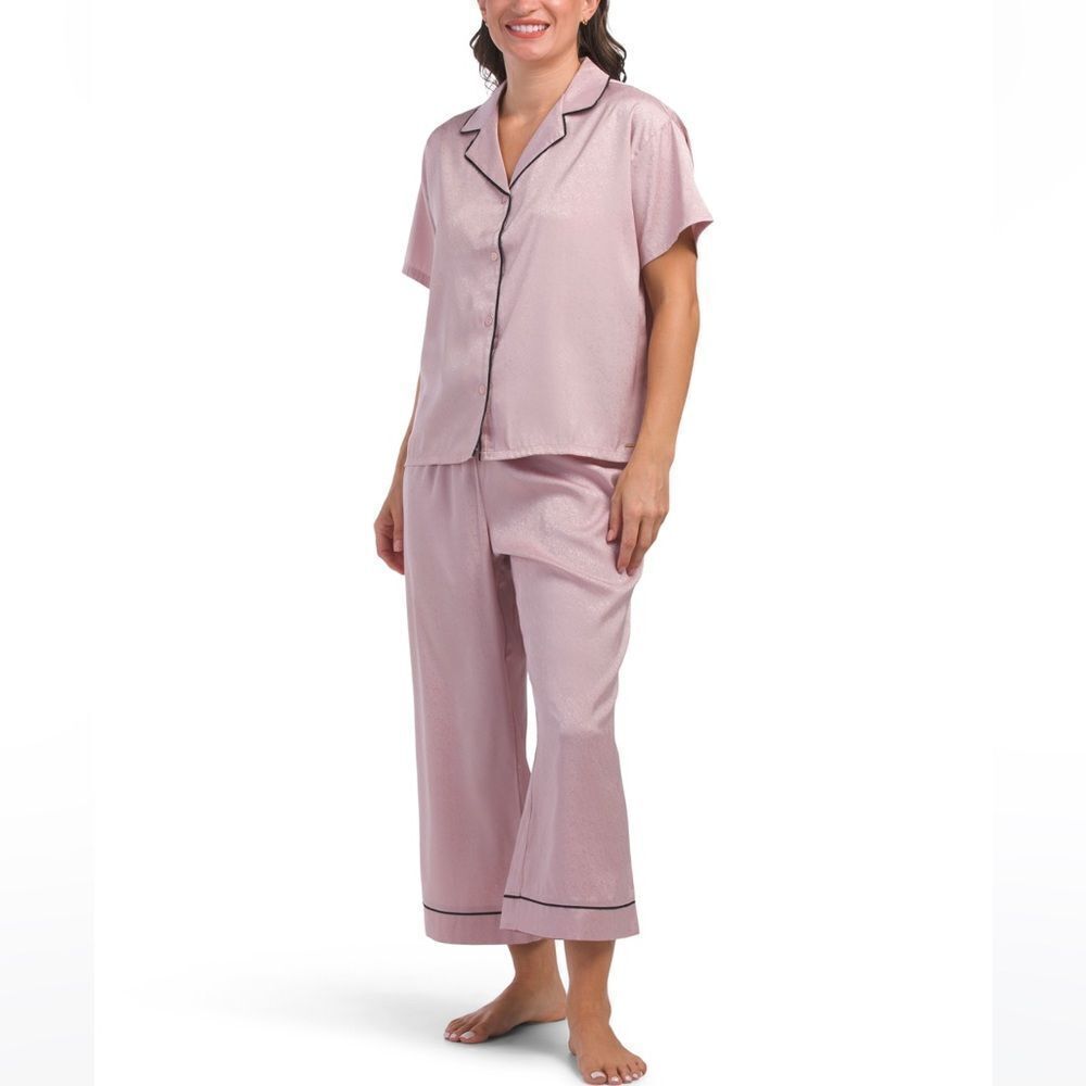 BCBG S-XL Pink Black Textured Satin Short Sleeve Notch Collar Top Pants PJ Set